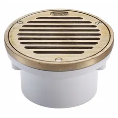 Round area drain with 5 3/8 in overall diameter. Constructed from plastic and cast iron. Features a gasket connection type. Suitable for collecting and removing surface water in commercial or industrial floor areas.