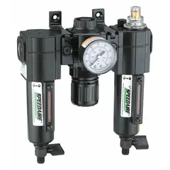 This combined filter, regulator, and lubricator unit conditions compressed air in pneumatic systems. It filters particulates to 5 micron, regulates pressure up to 250 psi, and lubricates downstream components. With 3/8 in NPT ports and 51 cfm flow capacity, it is suited for industrial applications requiring clean, regulated, lubricated air.