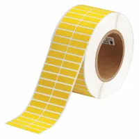 Precut wraparound label measuring 3/8 in x 1 1/4 in, made of polyvinyl fluoride with black print on yellow background. Designed for use with BBP11 printer series and R4300 ribbon. Suitable for marking cables, pipes, and equipment in industrial environments