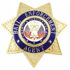 Metallic badge with a star design, gold finish, and pin with safety catch for attachment. Used for identification by bail enforcement agents. Measures 3 in x 3 in.