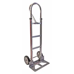 This single-loop hand truck features a silver aluminum frame and rubber tread-on-core wheels, offering corrosion resistance for damp or chemical-prone environments. Rated for 500 lb capacity, it is suitable for moving boxes, equipment, and materials in industrial, warehouse, and commercial settings.