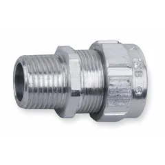 Straight metallic cable grip with 1 in MNPT box connection for securing and sealing electrical cables. Accommodates cord diameters from 0.70 to 0.95 in. Body is aluminum with silver finish, overall length 2 1/8 in. Not rated for hazardous locations, no color-coded grommet.
