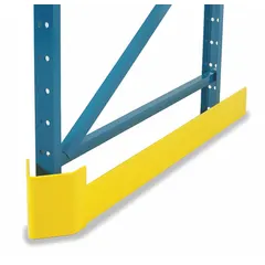 This floor-mount steel pallet rack aisle guard is designed for outside left mounting to protect rack uprights from forklift impact in warehouse aisles. Made of yellow steel, it measures 49 inches by 7 inches by 8 inches and includes four 3/4-inch by 5-1/2-inch anchors for bolt-on installation.