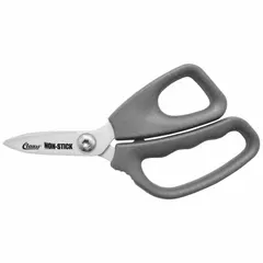 These 9-inch offset plastic-handle scissors feature straight, pointed stainless steel blades and a grey rubber handle. Designed for right-hand use, they are suited for cutting tasks in textile, crafting, and light industrial applications.
