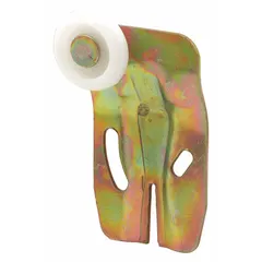 This hanging door roller from PRIME-LINE measures 2-1/2 inches in length and 3-3/4 inches in width, with a maximum weight capacity of 60 pounds per pair. Designed for sliding door applications, it is suitable for residential or light-commercial use.
