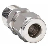 This double-ferrule stainless steel fitting connects tubing to male NPT threads. It is used in instrumentation, hydraulic, and process systems requiring leak-free sealing and corrosion resistance. Compatible with Parker A-LOK brands