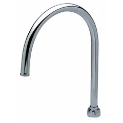 Brass gooseneck faucet spout with chrome finish. Rigid/swivel design allows directional adjustment. Includes spacer washer. 5 1/8 in spout reach. Suitable for commercial sinks, hand-washing stations, and laboratory applications.