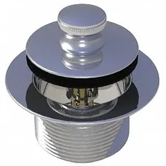 This chrome-plated brass bathtub drain stopper operates with a push-and-pull mechanism to seal the drain and hold water. It has a 2-inch overall diameter and fits a 2 7/8-inch drain opening. The unit includes a strainer body and is suitable for residential and commercial plumbing applications.
