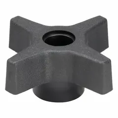This 4-arm knob features a threaded through-hole design for manual adjustment, clamping, or positioning on machinery. The plastic body with steel thread insert provides a secure grip for frequent hand-tightening in industrial equipment such as assembly lines, packaging machines, and material handling systems.