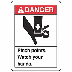 Vinyl safety labels with adhesive mounting, each measuring 5 in x 3 1/2 in nominal size and 0.02 in thick. The pack contains 5 labels. These signs are not retroreflective or glow-in-the-dark. Commonly applied near machinery, conveyors, or presses to warn of pinch-point hazards.