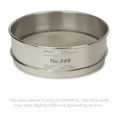 This test sieve features a stainless steel frame and stainless steel screen cloth with a US Standard Screen Size of 1.75 in. It has an outside diameter of 8 in and a height of 2 5/8 in, complying with ASTM E11 standards. Used for particle size analysis and material classification in laboratory and industrial settings.