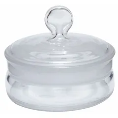 Colorless glass weighing bottle with a wide mouth and plug closure, 82 mL capacity. Includes closure. Meets ASTM/USP standards. Used for precise weighing of solid samples in analytical and general laboratory applications.