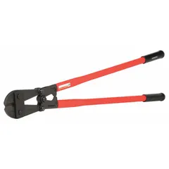 Steel construction bolt cutters with red finish. Cuts soft steel up to 9/16 in diameter and medium steel up to 1/2 in diameter. Used for cutting bolts, chains, and metal rods in construction, maintenance, and industrial applications.