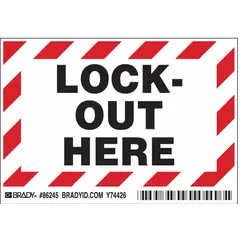 Polyester adhesive signs for marking lockout points on equipment, panels, or machinery. Nominal size 3 1/2 x 5 in, thickness 0.01 in. Not retroreflective or glow-in-the-dark. Pack of 5.