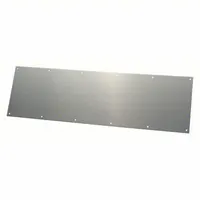 Standard door kick plate made of stainless steel, measuring 34 inches wide by 12 inches high. Provides surface protection for the lower portion of doors in commercial or industrial settings where foot traffic and equipment contact are common