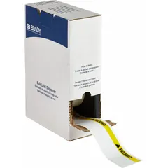 Vinyl precut label rolls printed with 'Peligro' for hazard identification. Supplied in two sizes: 2 in x 4 1/8 in and 4 1/8 in x 2 in. Black/white/yellow color with acrylic adhesive. Compatible with M710 printer series.