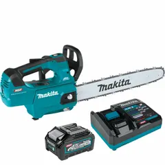This MAKITA battery-powered chainsaw kit features a top handle and automatic chain oiler for efficient cutting. It operates on a 40 V system with a 5.0 Ah battery, suitable for pruning, limbing, and light-to-medium cutting tasks in tree care and brush clearing.