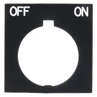 Rectangular non-metallic legend plate for 30 mm panel mounting. Black plastic body with white legend area featuring English 'Off-On' marking. Overall height 1 in, width 1 1/2 in. Provides clear identification for push-button stations in control panels