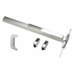 This surface vertical rod push bar is designed for commercial doors up to 3 ft wide. It features a chrome finish and functions as a dummy pull, providing egress in applications requiring panic hardware.