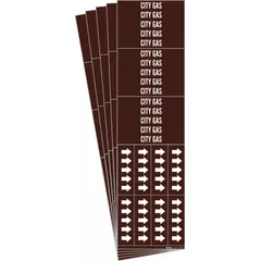Brown adhesive pipe markers with white 'City Gas' legend and flow-direction arrows. Each pack contains 5 sets of 3 markers, designed for pipes with an outside diameter of 3/4 inch and smaller. Used to identify city gas lines in industrial piping systems.