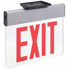 Universal-mount edge-lit exit sign with one illuminated face. Red text on silver aluminum housing with LED lighting. Features field-selectable chevrons for directional flexibility. Suitable for commercial and industrial emergency exit marking.