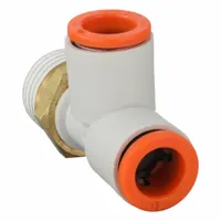 Polybutylene and brass push-fit tee fitting for branching pneumatic tubing lines. Connects a 1/4 in pipe thread to two 5/16 in OD tubes. Overall length 42 5/16 mm. White finish