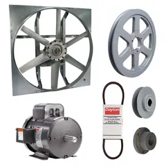 Unassembled belt-drive panel exhaust fan with a 48-inch blade, 3 hp motor, and 33,223 cfm airflow. Features a zinc-plated steel frame, totally enclosed fan-cooled motor with Class F insulation, and operates on 115/230V AC single-phase power. Suitable for high-volume air movement in large spaces such as warehouses, factories, and distribution centers.