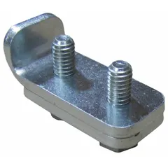 Steel end stop for C-rail festoon track systems. Installed at the end of a festoon track to prevent trolleys or cable carriers from rolling off the rail. Overall length 2.25 inches.