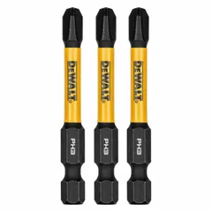 This 3-pack of impact bits features a #3 Phillips (PH3) tip and a standard hex shank for use with impact drivers. The 2-1/4-inch overall length provides reach for driving large screws and fasteners in construction and assembly tasks.