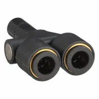This push-fit wye fitting is used to create a branch connection in pneumatic tubing systems, splitting one line into two. It accommodates tubes with outer diameters of 8 mm, 8 mm, and 10 mm. The body is made of black polymer with a 53 1/2 mm overall length