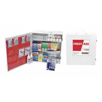 This wall-mountable first aid kit houses 760 unitized components in a white metal cabinet, serving up to 100 people. Contents include 40 knuckle bandages, 3 cold packs, burn spray, and 100 non-aspirin pain relievers. Designed for industrial settings, it meets OSHA compliance standards