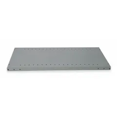 Solid steel shelf for standard metal shelving systems. Constructed from 20-gauge steel with a dark gray powder-coated finish. Each pack includes 5 shelves and 20 clips. Overall width 48 inches, depth 12 inches. Suitable for warehouse and industrial storage applications.