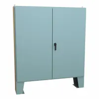 This NEMA 12 steel enclosure measures 72 x 72 x 13 inches and includes a panel. It features a solid hinged cover with a handle closure; knockouts are not included. Typical applications include protecting electrical controls and instruments from dust, dirt, and non-corrosive liquids in industrial environments