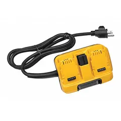 The DEWALT DCA120 corded power adapter converts AC mains power to 120V DC output, featuring two ports. It allows compatible cordless tools to be powered from a wall outlet, suitable for extended use in workshops or job sites where battery runtime is limited.