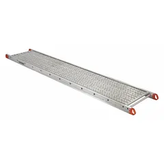 Silver aluminum platform from the Series P line. Deck and frame are constructed of aluminum. Includes ergonomic, easy-grip molded handles for secure transport and positioning. Used as a stable elevated work surface in scaffolding systems for construction, maintenance, and industrial tasks.