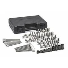 This hex bit socket set includes fixed insert bits with drive sizes of 1/4 in, 3/8 in, and 1/2 in, covering tip sizes from 1/8 in to E24. Suitable for driving hex fasteners in automotive repair, machinery assembly, and industrial maintenance.