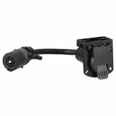 This CURT 7-way blade adapter provides a standard connection interface for towing and trailer electrical systems. Constructed of plastic, it measures 11 inches overall length and 3 1/4 inches in height. Commonly used to connect trailers, campers, or utility vehicles to a towing vehicle's wiring harness.