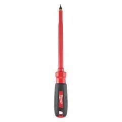 This insulated slotted screwdriver features a 7 in shank and 11 in overall length. It is designed for use on live electrical circuits, providing protection against accidental contact. The cushion grip handle offers comfort and control during tightening or loosening of slotted screws in panels, junction boxes, and equipment.