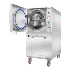 This 230V general purpose autoclave from HEIDOLPH provides four validated cycles for glass, plastic, liquid A, and liquid B-waste. With a maximum temperature of 140°C and temperature accuracy of -1 °C/3  °C, it is suited for sterilizing laboratory equipment and media. Overall dimensions are 34 1/4 in width and 46 1/4 in depth.