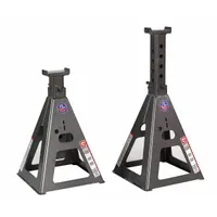 This heavy-duty jack stand features a pin-adjustment design for quick height changes, with a 10-ton load capacity. It extends from a 20-inch minimum height to a 32-inch maximum height. The stand has a steel square base and a rectangular saddle, providing stable support for lifting and holding vehicles or industrial loads during maintenance and repair tasks