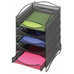 This counter literature holder from SAFCO features five compartments for organizing brochures, pamphlets, and documents. Constructed of black steel mesh, it has an overall height of 15 1/4 inches. Suitable for retail, office, or reception areas where printed materials need to be displayed and accessed.