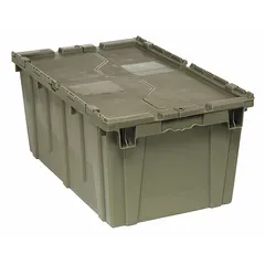 This 18.8-gallon plastic tote features an attached two-piece lid for secure closure and dust protection. The gray body measures 27 3/8 in x 16 5/8 in x 12 1/2 in. Suitable for organizing and storing parts, tools, or materials in warehouses, manufacturing facilities, and distribution centers.