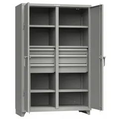 This shelf-style shift cabinet from STRONG HOLD features 6 adjustable shelves and 2 doors, providing organized storage for tools, parts, and supplies. The gray finish and leg base make it suitable for industrial workshops and warehouses. Supplied fully assembled.