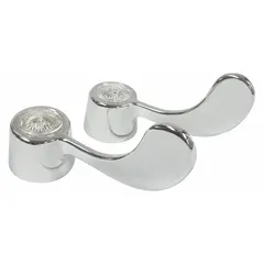 Wristblade handle made of brass with chrome finish. Designed for use with hot and cold water. Compatible with Gerber brand faucets. Commonly used in commercial and institutional settings where lever-operated handles facilitate hygiene and ease of operation.