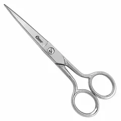 These all-metal scissors feature a 6-inch overall length with straight, pointed steel blades in a silver finish. Designed for ambidextrous use, they are suited for precision cutting in embroidery and other detailed fabric work.