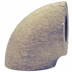 This 90° elbow insulation is fabricated from mineral wool with an unslit design and tan finish. It is intended for insulating pipe fittings in HVAC and mechanical systems, providing thermal and acoustic insulation for pipes carrying hot or cold fluids. The plenum-rated construction allows use in air-handling spaces.