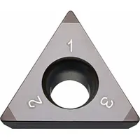 This triangle-shaped indexable turning insert is made of grade CBN (cubic boron nitride). It is used for hard turning and finishing operations on hardened steels and cast irons in precision machining applications