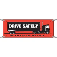 Indoor vinyl banner with one printed side, nominal size 48 in x 120 in. Used for safety messaging in warehouses, factories, and industrial facilities where vehicle traffic occurs.