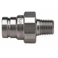 This Parker FET Series hydraulic quick-connect coupling plug features a 1/4"-18 MNPT thread size and a 316 stainless steel body with ethylene propylene seals. Designed for quick, leak-free connection and disconnection in hydraulic systems, it is suited for industrial machinery, mobile equipment, and process plants where corrosion resistance and fluid compatibility are required