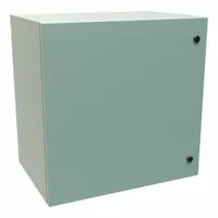This steel enclosure measures 24 x 24 x 16 inches and is rated NEMA 12/3R/4, providing protection against dust, dripping water, rain, sleet, and hose-directed water. It features a solid hinged cover secured with a 1/4-turn latch. Knockouts are not included. Typical applications include housing electrical controls and components in industrial environments requiring washdown capability
